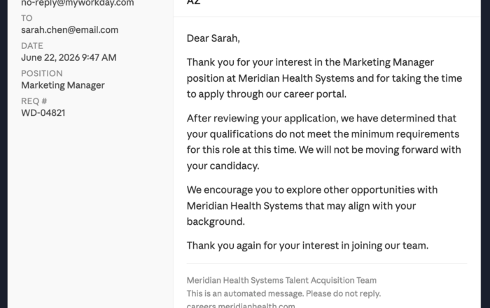 Example of a Workday ATS auto-reject email sent to a job applicant minutes after applying